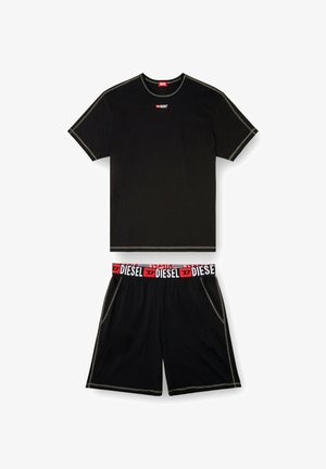 Czarny zestaw z krótkim rękawem – T-shirt i szorty z szarym przeszyciem, logo Diesel na piersi oraz elastyczny pas w kolorach czerwonym, czarnym i białym.
