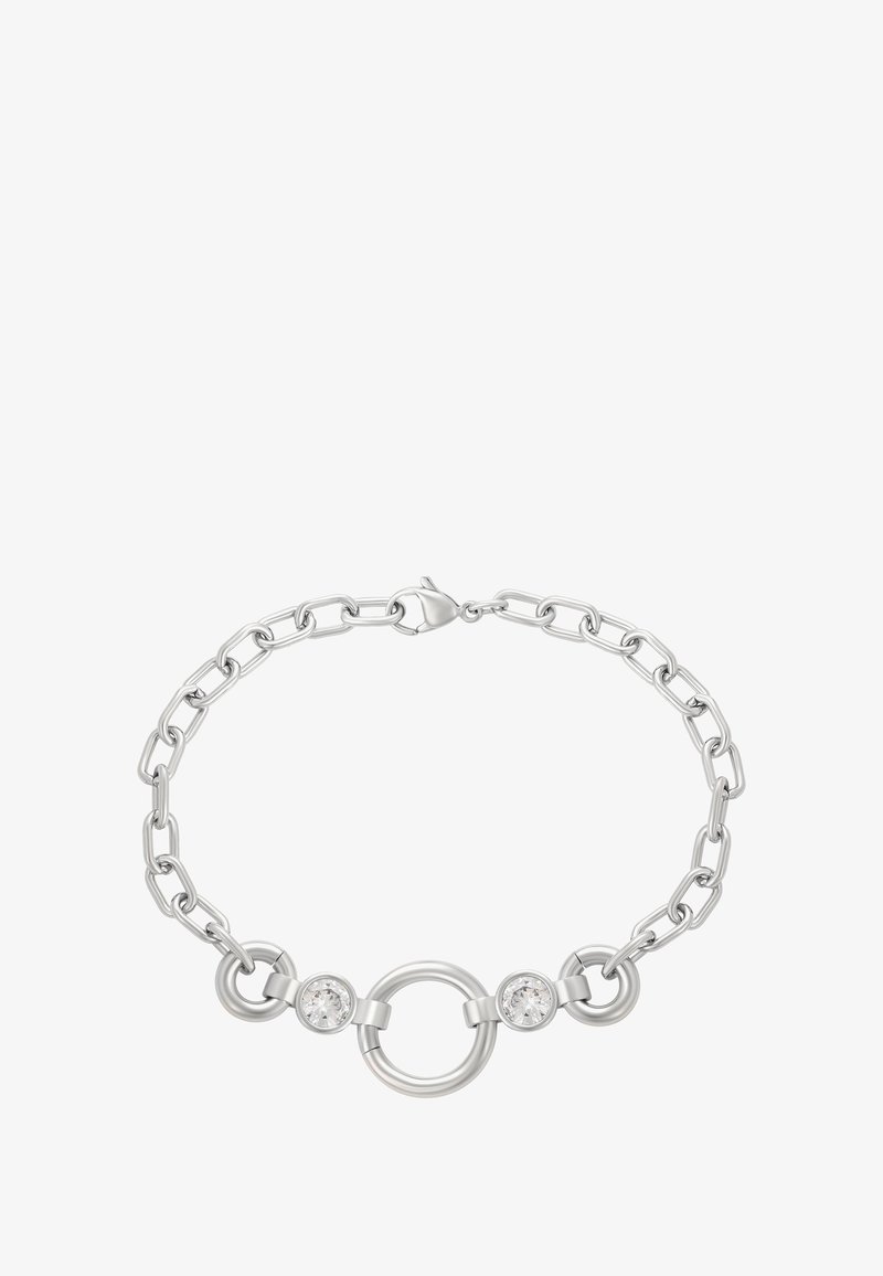 Bracciale in argento con maglie circolari, caratterizzato da un grande cerchio aperto al centro, affiancato da due piccole pietre preziose trasparenti.