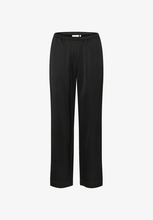 Črne hlače z satenskim finišem, ki imajo elastični pas, raven kroj in gladko teksturo za udobje ter prosto gibanje.