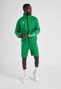 Giacca sportiva verde con collo alto, chiusura con zip e inserti laterali bianchi. Abbinata a pantaloncini verdi coordinati e scarpe da ginnastica bianche.