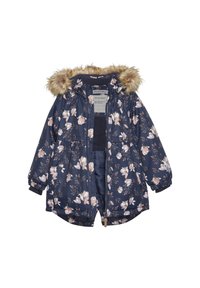 Veste florale bleu marine avec capuche en fausse fourrure. Dispose d'une fermeture éclair à l'avant, de poignets élastiques et d'une taille cintrée, conçue pour la chaleur et le confort.