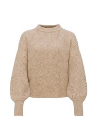 Pull beige en maille avec motifs torsadés texturés, manches ballon, poignets côtelés et col haut côtelé.