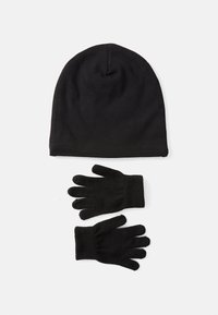 Zwarte gebreide muts met een ronde bovenkant, gecombineerd met zwarte handschoenen met ribbelmanchetten en een design met vijf vingers. Eenvoudige, naadloze textuur.