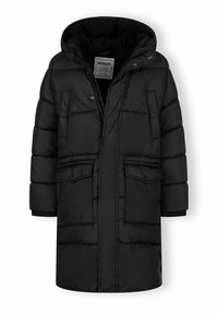 Juodas paminkštintas ilgas paltas su gobtuvu, turintis dvi priekinės kišenes, mygtukų užsegimus ir tekstūruotą audinį.