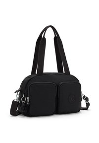 Borsa a mano in nylon nero con due tasche anteriori con zip, manici corti, tracolla regolabile e dettagli del logo su un lato.