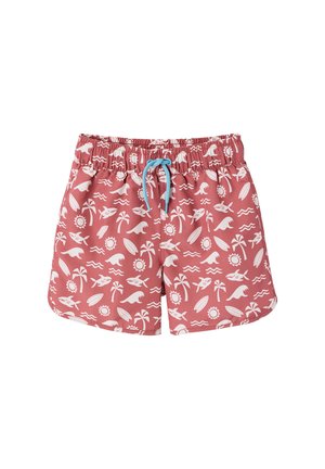 Kids' pink swim shorts with white shark, wave, sun, palm tree, and surfboard patterns, featuring a blue drawstring waist.