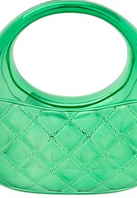 Zielona plastikowa torebka na ramię z okrągłym uchwytem, pikowaną fakturą z diamentowymi wzorami oraz wypukłymi akcentami na powierzchni.