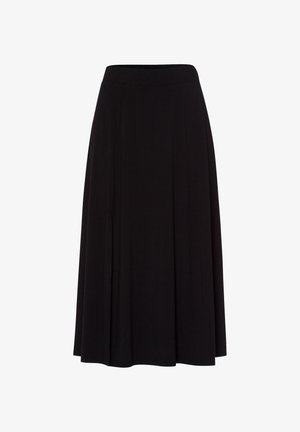 Černá sukně ke kolenům vyrobená z měkké látky, s širokým pasem a splývavým designem s nařasením pro větší pohyb.