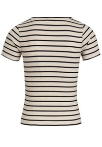 Chemise beige côtelée à manches courtes avec des rayures horizontales noires, vue de dos.