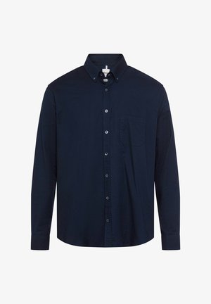 Marineblaue Langarm-Hemd mit Kragen, Taschen auf der linken Seite und glattem Baumwollstoff. Verfügt über sieben Knöpfe auf der Vorderseite.