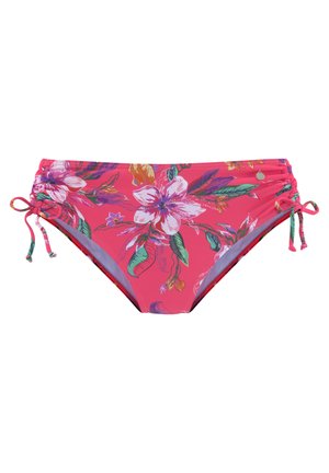 Roze bloemenbikini onderstuk met verstelbare zijkanten, met grote hibiscus- en bladmotieven in levendige kleuren op een gladde stof.
