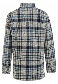 Ggestreepte flanellen shirt in tinten van marineblauw, blauw en crème, met een knoopmanchet en een patch op de linkerschouder. Zachte textuur, met kraagontwerp.