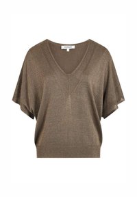 Pullover corto marrone a V con maniche corte, dalla vestibilità ampia, caratterizzato da un motivo di lavorazione traforato e orlo a costine. Materiale morbido con una leggera lucentezza.