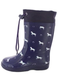 Botte en caoutchouc imperméable violette présentant un motif de licornes blanches et de fers à cheval, avec un col élastique noir et une fermeture à cordon réglable.