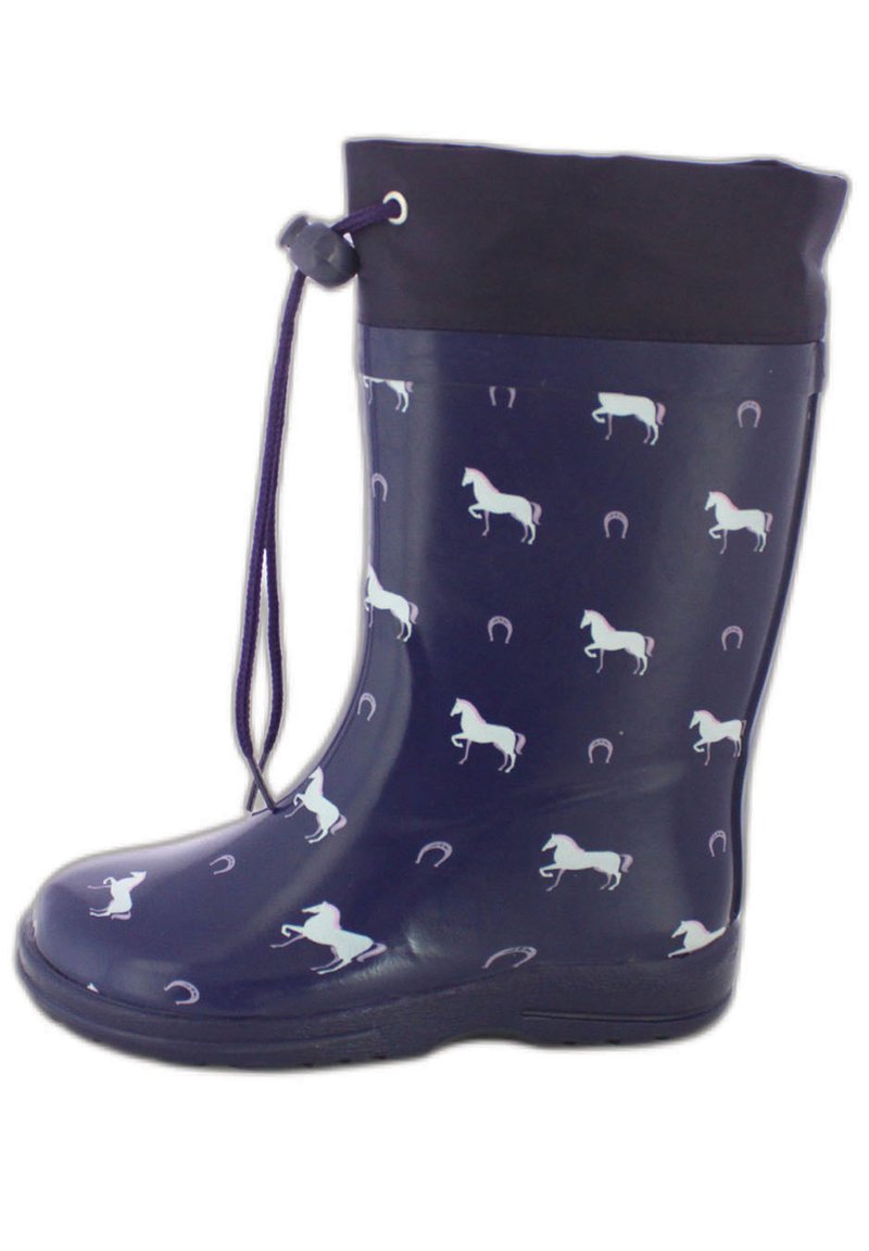Botte en caoutchouc imperméable violette présentant un motif de licornes blanches et de fers à cheval, avec un col élastique noir et une fermeture à cordon réglable.