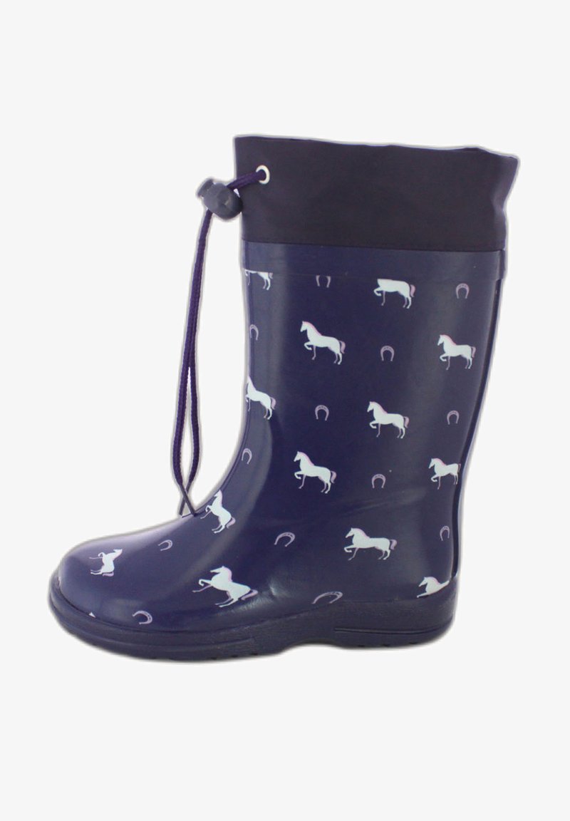 Botte en caoutchouc imperméable violette présentant un motif de licornes blanches et de fers à cheval, avec un col élastique noir et une fermeture à cordon réglable.