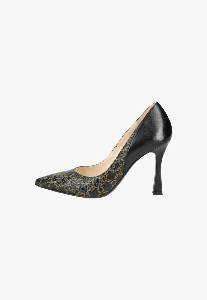 Talons hauts pointus noir et or avec un design en imprimé serpent texturé, présentant un dos en cuir noir élégant et un haut talon stilettos.