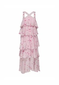 Rózsaszín, virágmintás maxi ruha réteges fodrokkal, állítható keresztpántokkal és kényelmes, könnyű anyagból.