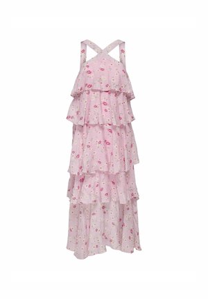 Rozā maxi kleita ar ziedu rakstu, kārtām ruffles, regulējamām krustveida siksnām un vieglu audumu komfortam.