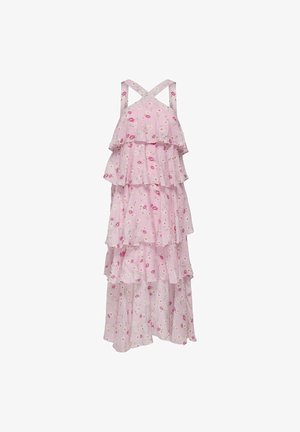 Roze maxi-jurk met bloemmotief, voorzien van gelaagde ruches, verstelbare kruiselings gespen en lichtgewicht stof voor comfort.