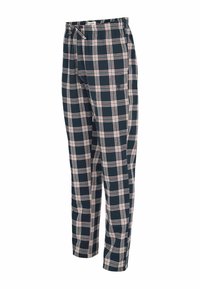 Pantalon de pyjama à carreaux bleu marine avec motif à carreaux blanc et rouge, taille élastique et cordon ajustable.