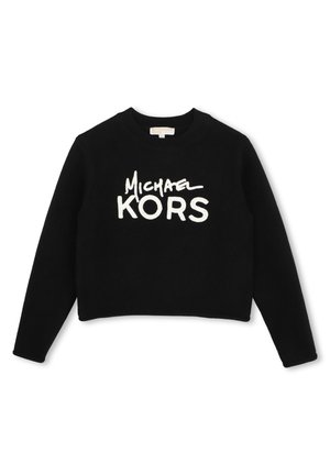 Zwarte trui met lange mouwen en ronde hals met witte "Michael Kors" logo tekst aan de voorkant en een rechte zoom.