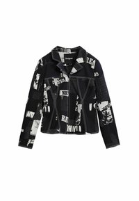Black denim jacket featuring mixed media print with white text and images, notched collar, two chest pockets, and contrast stitching.