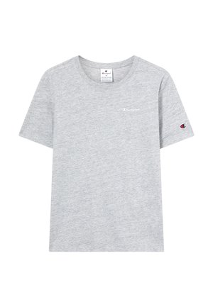 T-shirt grigia a maniche corte in misto cotone, con scollo rotondo e piccolo logo stampato sul petto e sulla manica. Tessuto liscio.