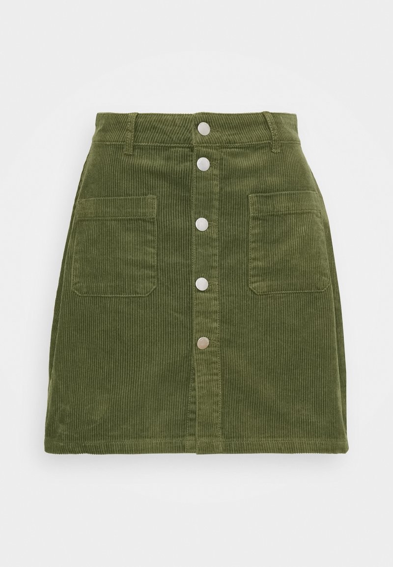 Jupe en velours côtelé vert olive avec boutons-pression argentés à l'avant et deux poches carrées devant, coupe droite, longueur genou.
