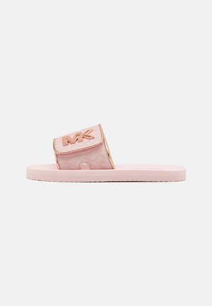 Pink slide sandal featuring a soft texture, a raised MK logo on a strap, and a flat sole with subtle tread pattern.