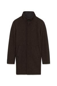 Donkerbruine wollen herenjas met opstaande kraag, één zichtbaar knoopje, steekzakken aan de voorkant en een verborgen sluiting aan de voorzijde op een witte achtergrond.
