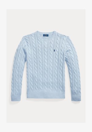 Ανοιχτό μπλε πουλόβερ με πλέξη καλώδιο, μακριά μανίκια, στρογγυλή λαιμόκοψη και μικρό σκούρο μπλε κέντημα λογότυπου Polo Ralph Lauren στο στήθος.