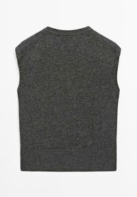Dark gray sleeveless knitted wool vest with ribbed neckline and hem, laid flat against a white background.