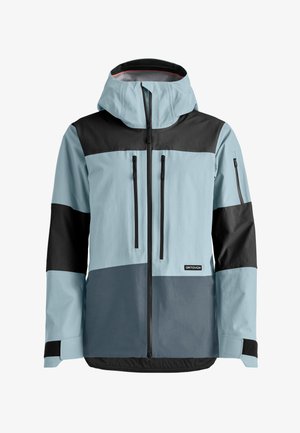 Waterproof jacket with a light blue and black design. Features include a hood, zippered pockets, adjustable cuffs, and a logo at the waist.