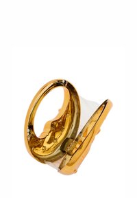 Transparante handtas met een glanzend gouden frame, ronde handgreep en decoratieve hardware. Beschikt over een gladde textuur en een strakke vormgeving.