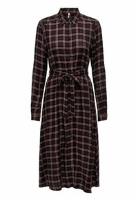 Langärmliges schwarzes Kleid mit rot-weißer Karomusterung, durchgeknöpfter Vorderseite, Kragen und Taillengürtel.