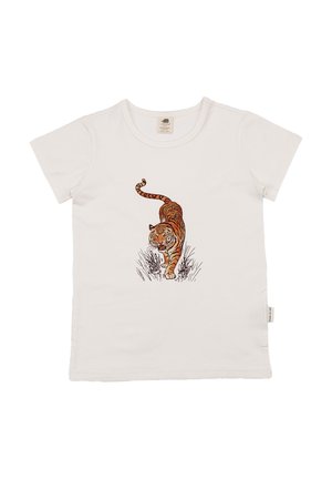 White short-sleeve t-shirt featuring a detailed illustration of a tiger walking through grass centered on the front.