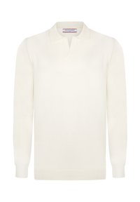 Polo-Stil langärmliger Pullover, cremefarben, gestrickte Textur, flacher Kragen, gerippte Bündchen und unterer Saum. Der Stoff wirkt weich und leicht.