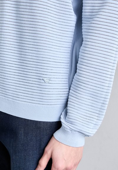 Pulover bleu deschis cu textură ribbed orizontală, având guler rotund și manșete ajustate, confecționat din țesătură tricotată. Detaliu mic cu logo vizibil.