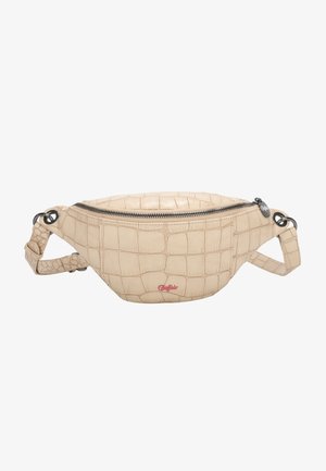 Beige faux leren heuptas met een krokodillenstructuur, voorzien van een ritssluiting en een verstelbare band. Rode logo-detail aan de voorkant.