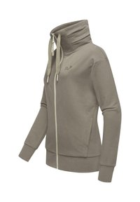 Gray zip-up sweatshirt with a tall collar, drawstrings, and ribbed cuffs. Features side pockets and subtle logo embroidery.