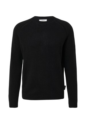 Črno dolgi rokavi pulover s krožnim izrezom z obdano manšetami in robom, s priloženim manjšim stranskim oznako blagovne znamke.