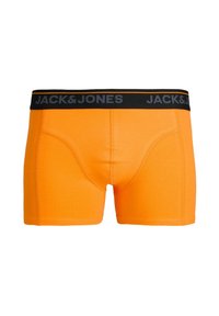Oranžid bokserpüksid musta elastse vööümbrisega, millel on halli värvi "JACK & JONES" kiri. Sile tekstuur, vormi järgnev disain ja mustriteta.