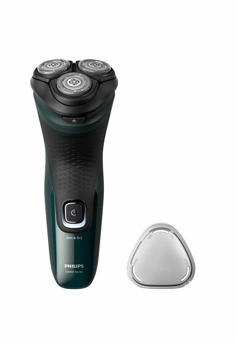 Rasoio Philips Serie 3000X, nero e verde, design ergonomico, tre lame circolari, impugnatura testurizzata, include un cappuccio triangolare argento.