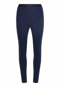 Farkinsin siniset leggingsit joustavasta kankaasta, joissa on musta joustava vyötärönauha, jossa on kohotettu logo, ja sileä pinnan rakenne mukavuutta varten.