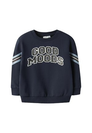 Navy-Shirt mit dem Aufdruck "GUTE STIMMUNGEN" in Weiß und Beige. Verfügt über gestreifte Akzente in Hellblau und Braun an den Ärmeln. Klassisches Rundhalsdesign.