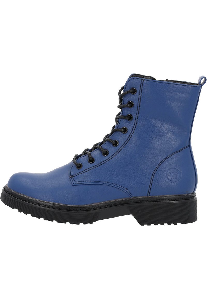 Botines de cuero azul hasta el tobillo con cordones negros en la parte delantera, punta redonda, suela de goma texturizada y detalle del logo en el lateral.