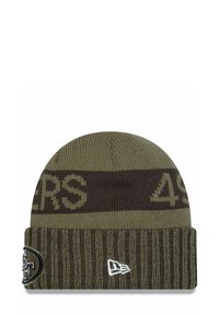 Knit beanie in olive green and brown, featuring striped pattern and logo patch. Soft texture,folded cuff for adjustable fit.