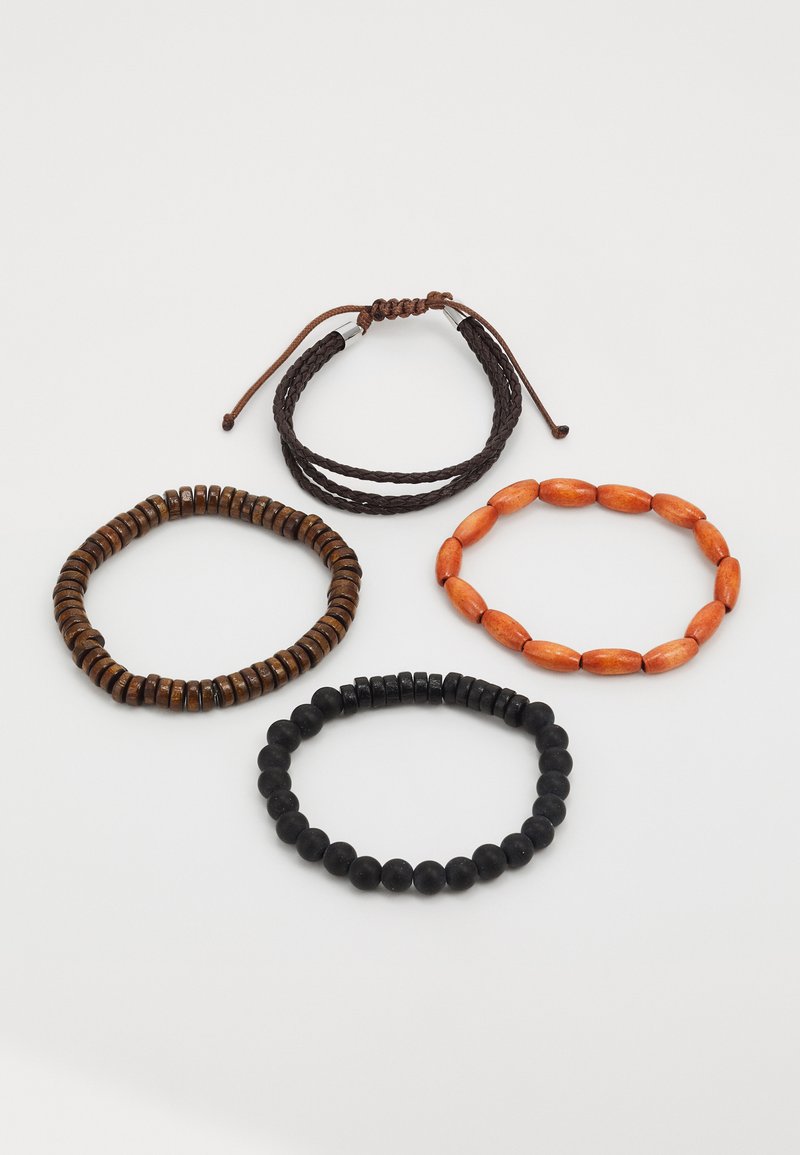 Set of four bracelets: brown wooden beads, black matte beads, orange oval beads, and a braided brown leather band with a sliding knot.
