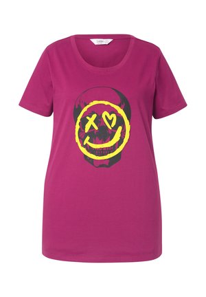 Lila Baumwoll-T-Shirt mit Rundhalsausschnitt, featuring einem schwarzen Totenkopf-Design, umrandet in Gelb, mit einem Smiley-Gesicht und Herz-Augen.